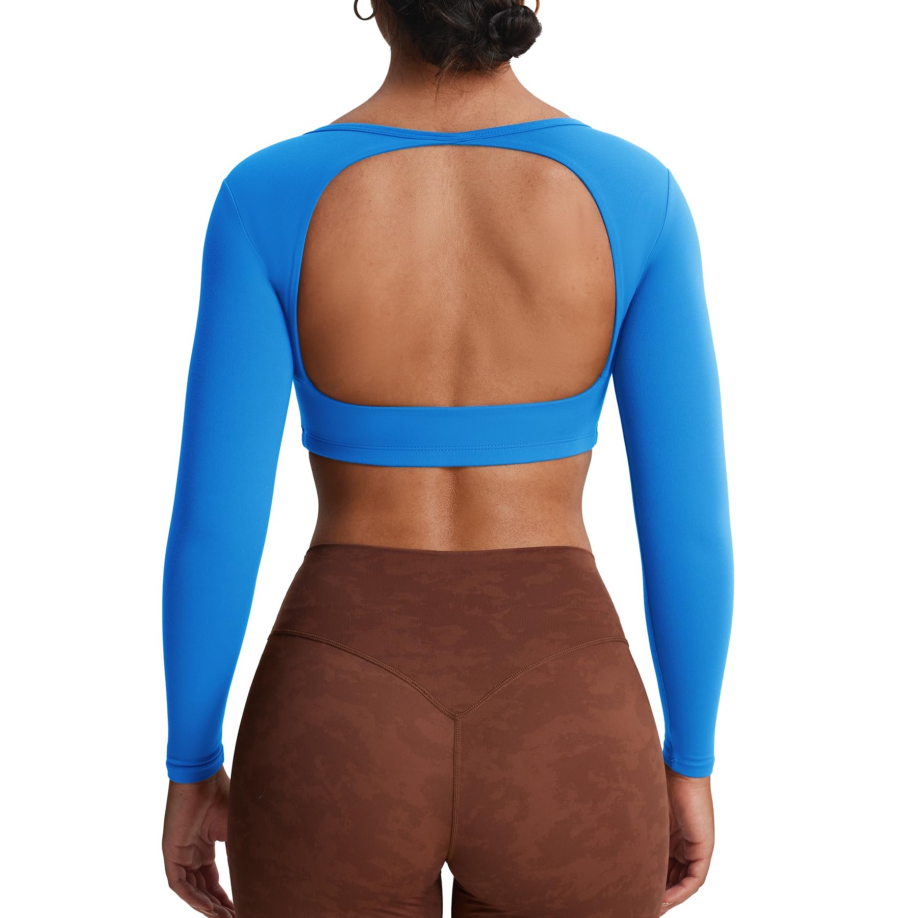 Aoxjox Workout Long Sleeve Crop Tops for Women Clarissa Backless Gym Cropped T Shirt Top (Directoire Blue, X-Large) Image