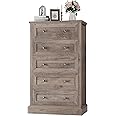 FACBOTALL 5 Drawer Dresser, 47.2'' Tall Dresser with 5 Drawers, Chest of Drawers Cabinet Wood Dresser for Hallway Living Room, Wash Gray