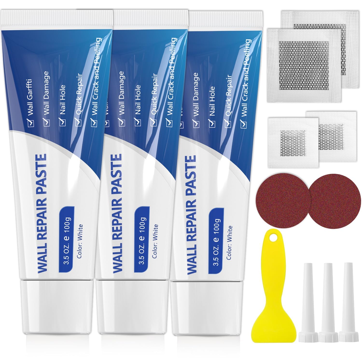 SEISSO 3 Pcs 100g Wall Mending Agent, Drywall Patch Repair Kit with Scraper, 4 Pcs Repair Wall Patch and Scraper, Cover Cracks, Holes, Graffiti, Peeling, White