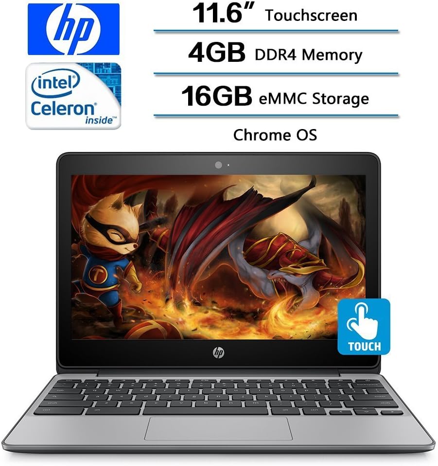 2018 Flagship HP 11.6" HD IPS WLED-Backlit Touchscreen Chromebook - Intel Celeron N3060, 4GB DDR3, 16GB eMMC, 802.11ac, HDMI, HD Webcam, Bluetooth, 1 microSD Media Card Reader, USB 3.1, Chrome OS