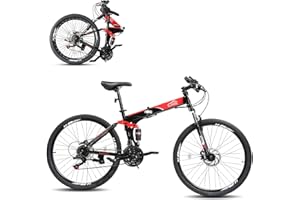 CamPingSurvivals 26/27.5 Inch Foldable Bike Folding Bike with 21 Speed, One Touch Folding, Dual Disc Type Brakes, Adjustable Seat, Full Suspension, Folding Bicycle for Men/Women/Senior