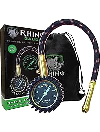 Rhino USA Heavy Duty Tire Pressure Gauge (0-75 PSI) - Certified ANSI B40.1 Accurate, Large 2" Easy Read Glow Dial, Premium Braided Hose, Solid Brass Hardware, Best for Any Car, Truck, Motorcycle, RV