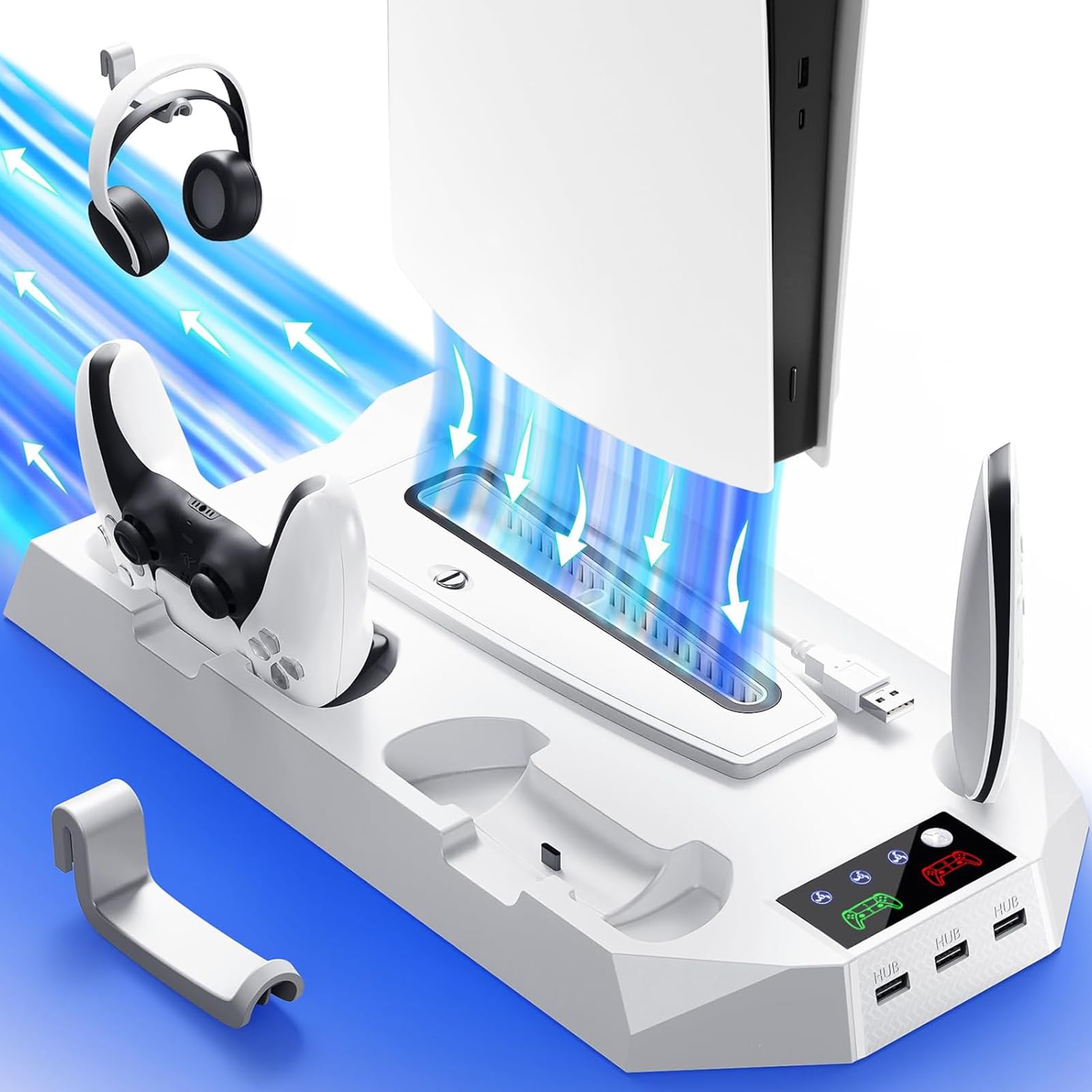 PS5/Slim/Pro Cooling Station for PS5 Disc & Digital Console, PS5 Stand Cooling Fan Charging Station with 3 Level Fan, LED Controller Charger, PS5/Slim/Pro Accessories with 3 USB Hubs & Headset Holder