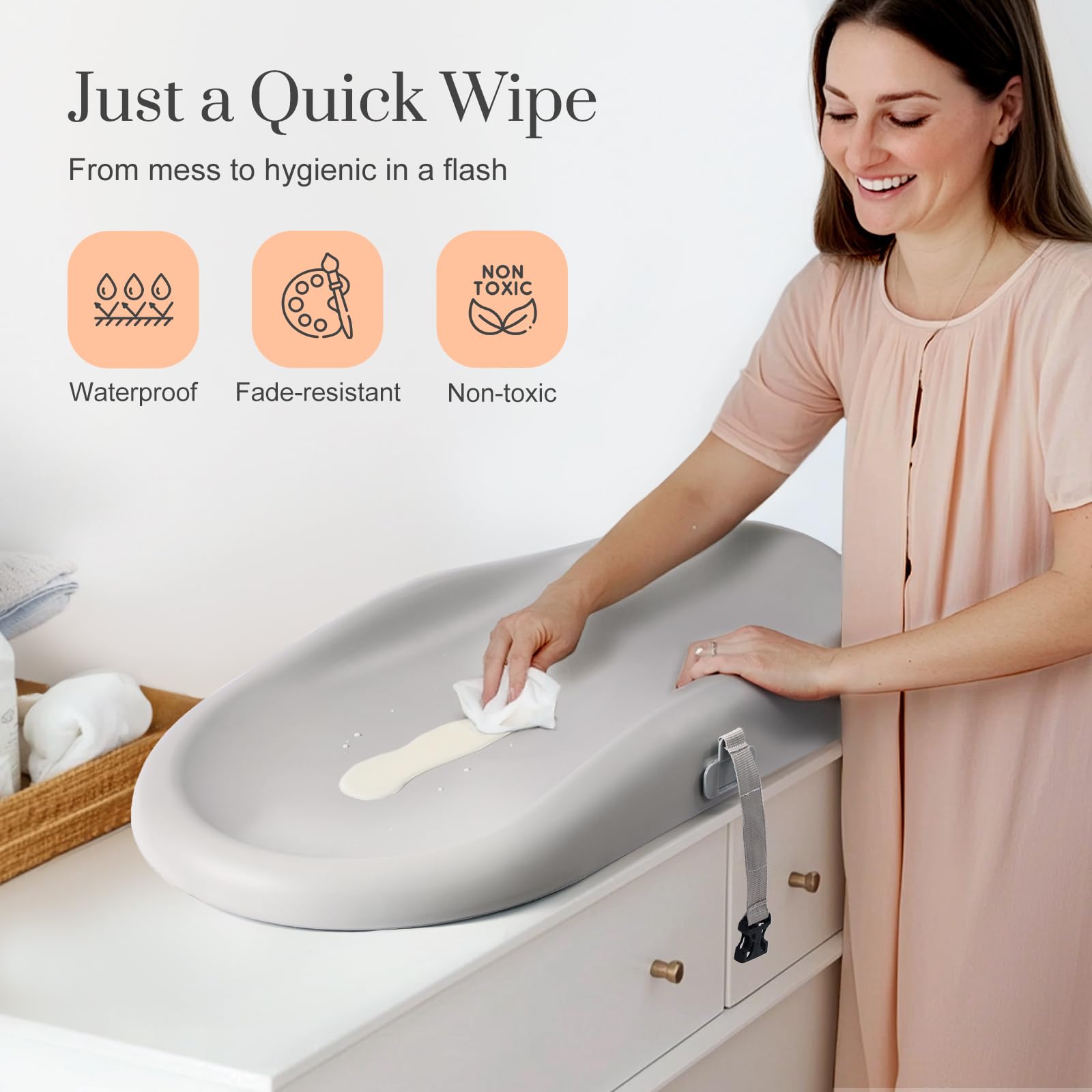 Wipe-Clean Changing Pad, Waterproof & Wipeable, Soft & Non-Slip Diaper Adjustable Safety Belt, Changing Pad for Dresser, Changing Table