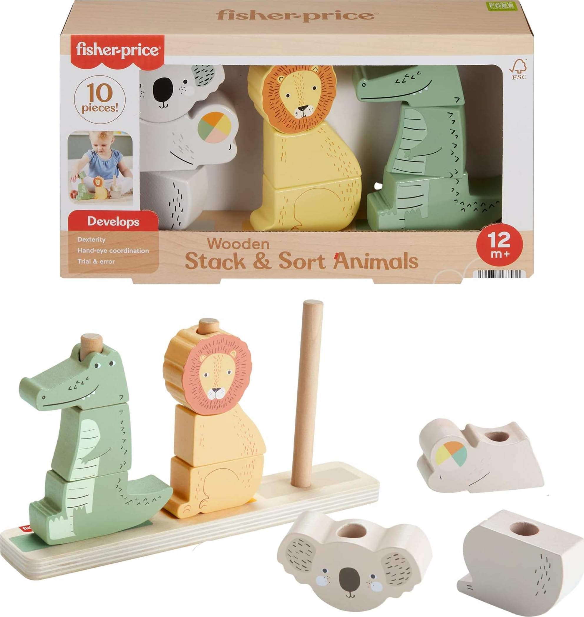 Fisher-Price Wood Baby Toy Stack & Sort Animals, 10 Wooden Pieces for Developmental Play for Infants & Toddlers Ages 1+ Years