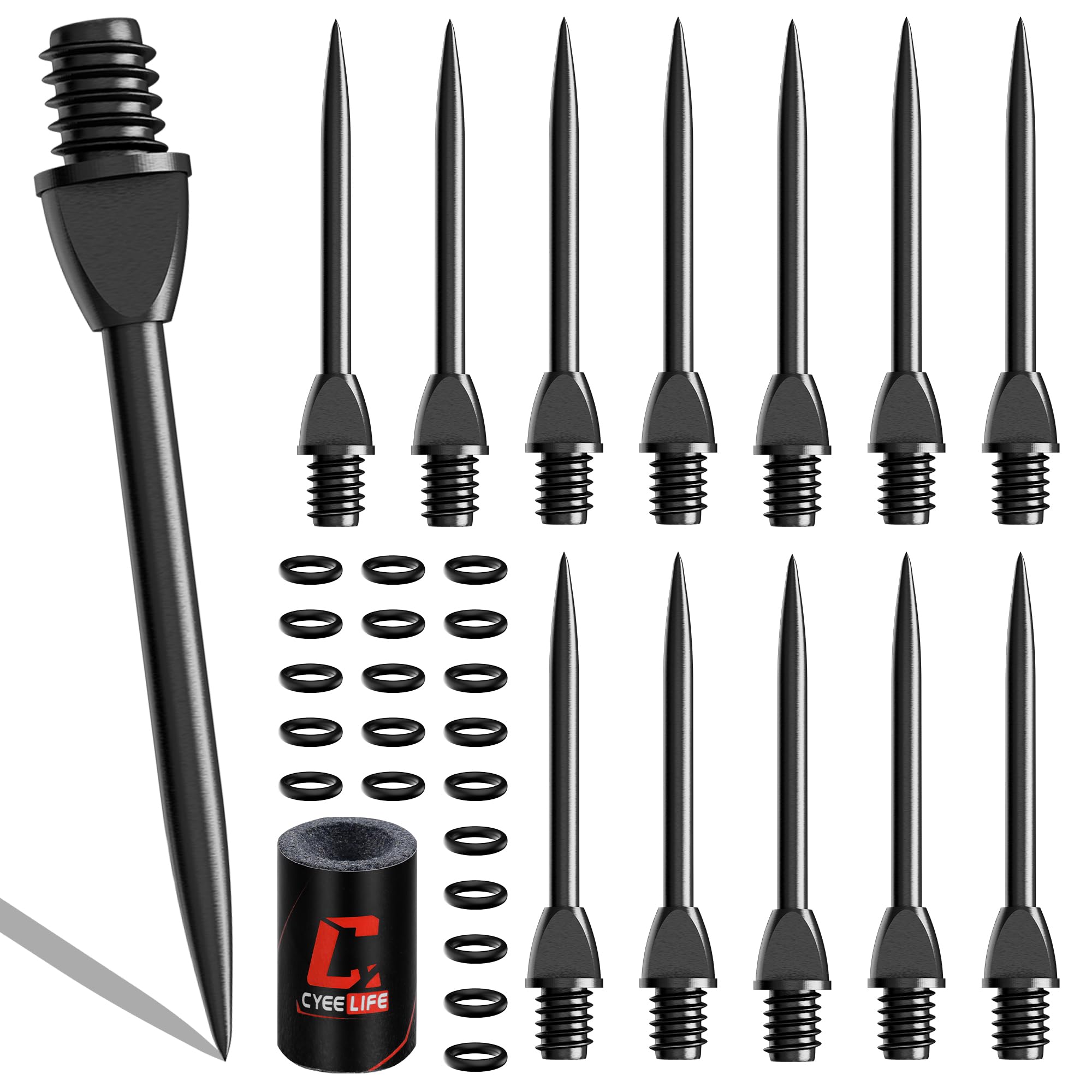 CyeeLife Steel Dart Tips 12pcs,Dart Tip Removal 2BA Thread Soft Dart Tips Converter with 20pcs Rubber O Rings and Sharpener,Professional Darts Accessories
