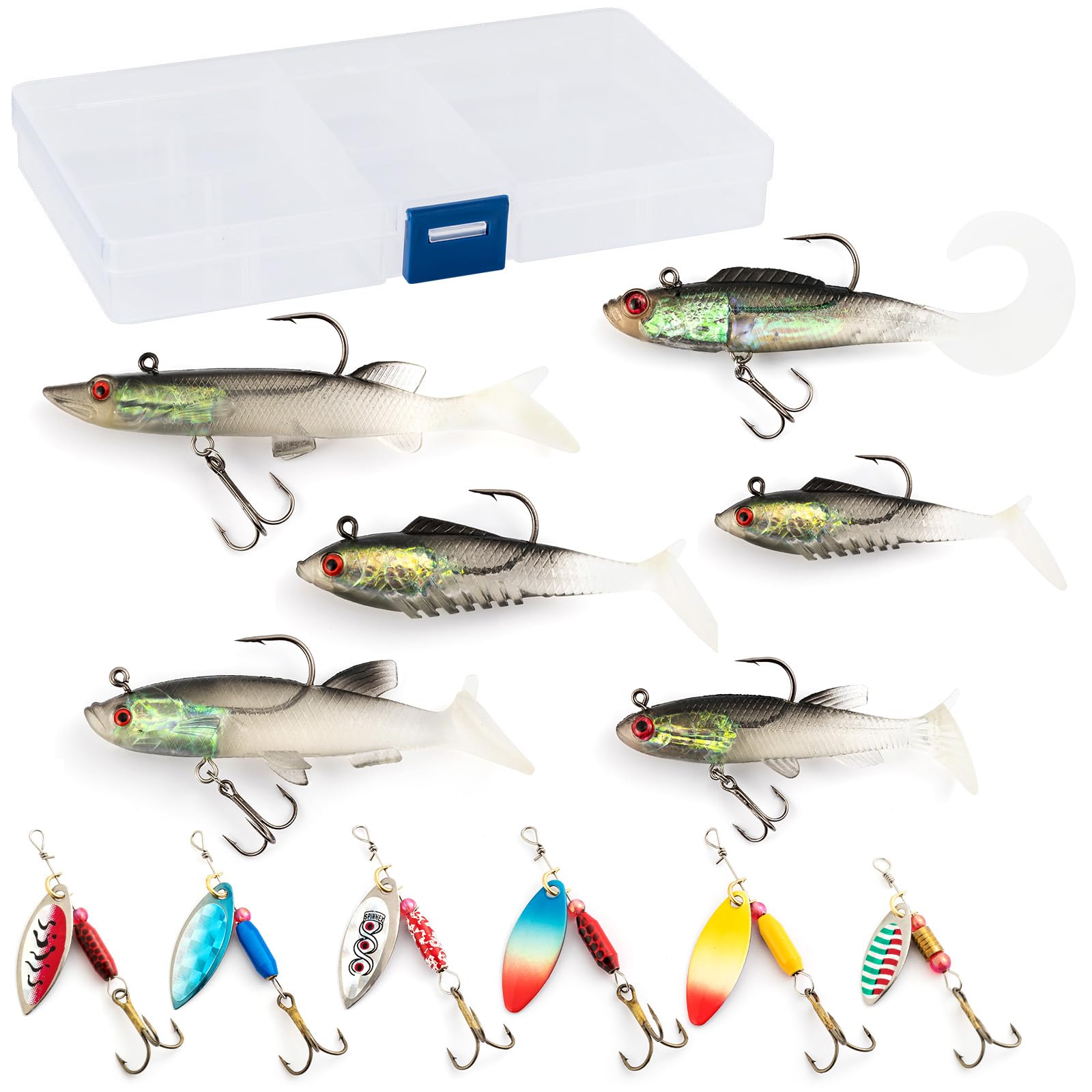 Dr.Fish Fishing Lures Spinnerbait Set, 12pcs Fishing Spinners Kit with Tackle Box Included Spinners Willow Leaf Soft Lure with Jig Head for Trout Bass Freshwater