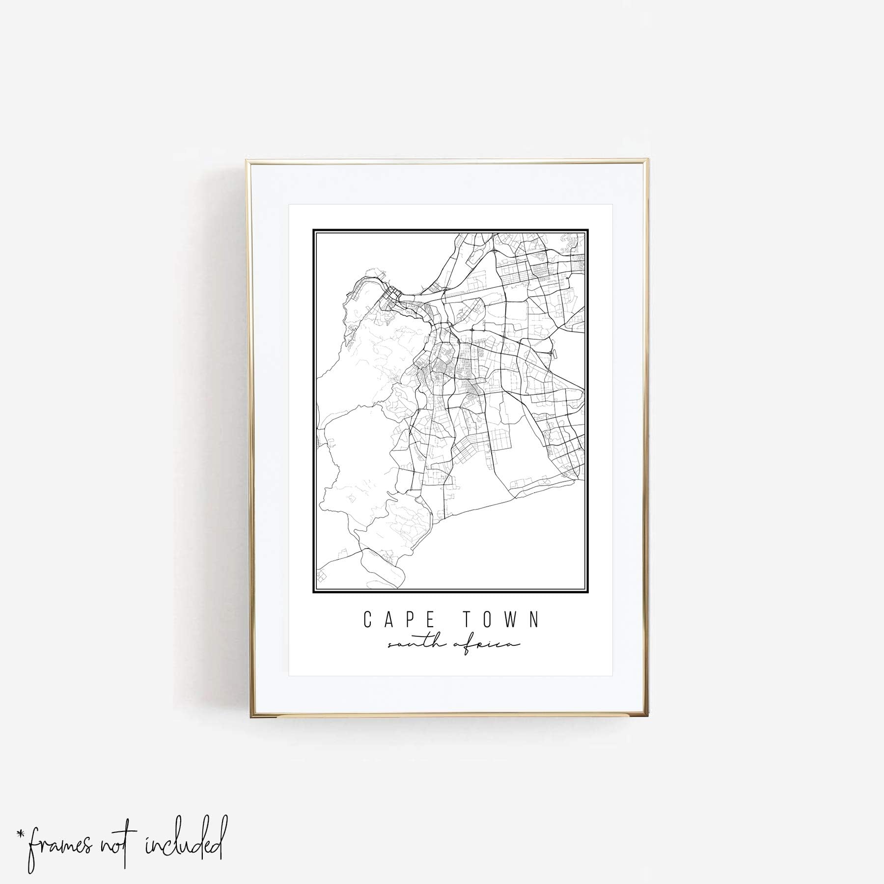 Cape Town South Africa Street Map Black and White Print, Unframed