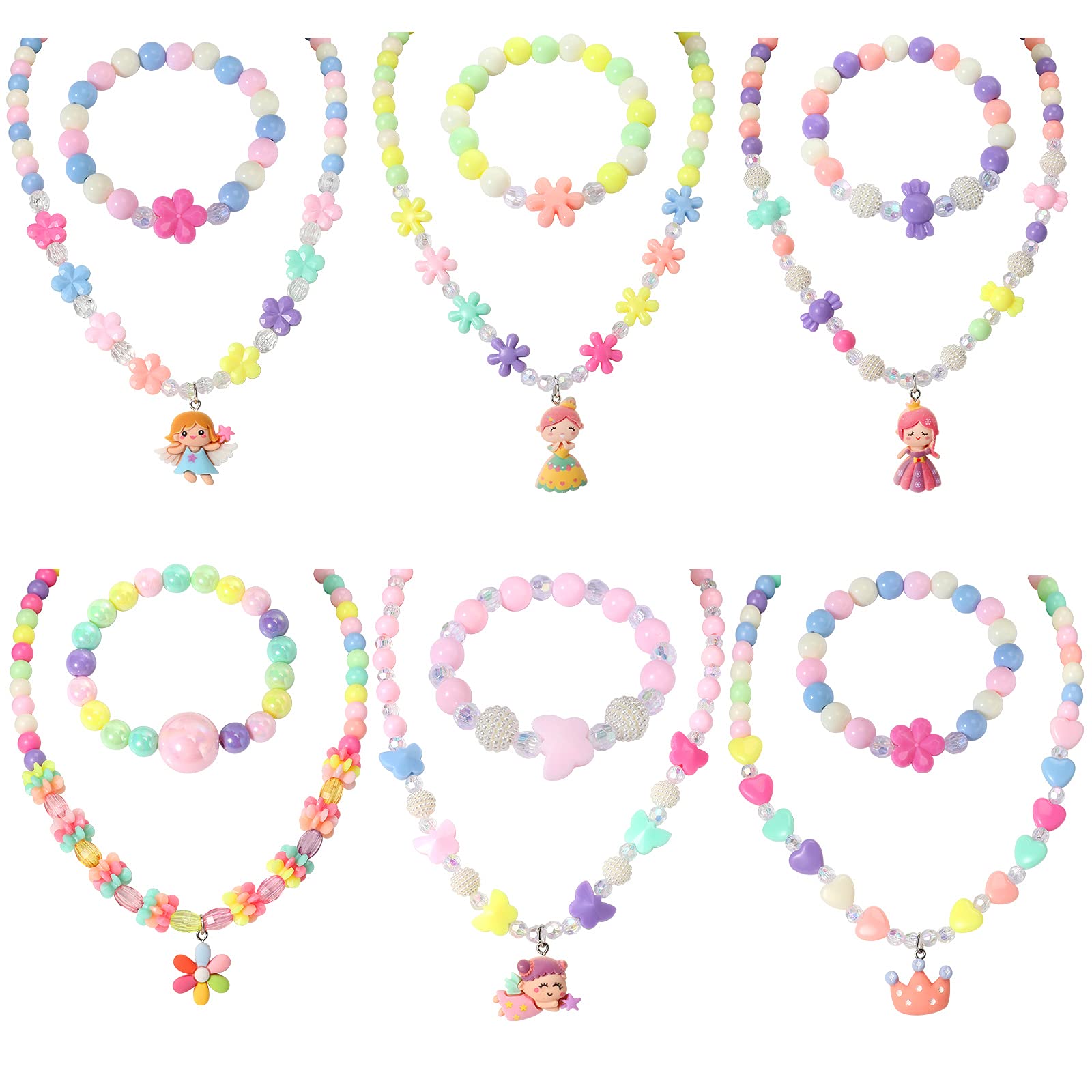Pinkgarden Princess Jewelry Set for Kids, 6 Sets Necklace Bracelet for Little Girls Pretend Play and Princess Dress up, Girl's Gift for Age 3 4 5 6 7 9 10 11 12 Years