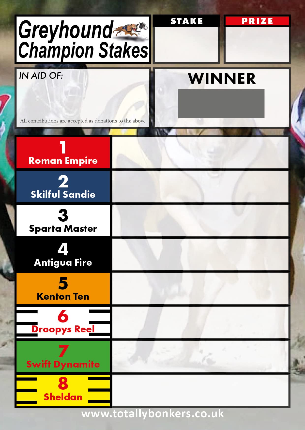 Totally Bonkers GREYHOUND Fundraising Scratch Cards - 8 Square - 10 Pack