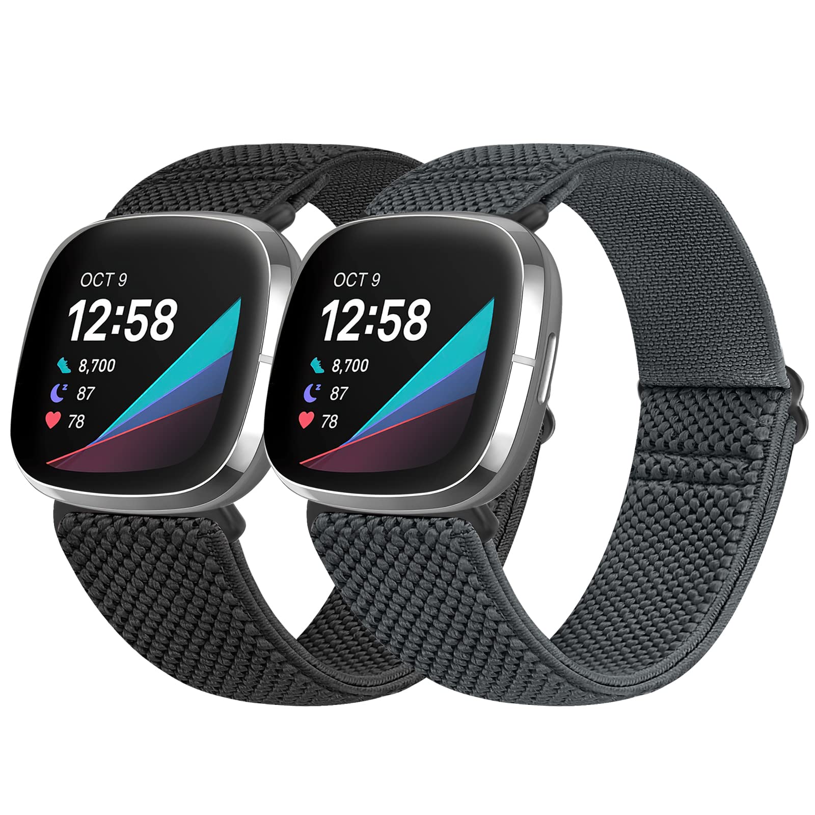 Vodtian Elastic Nylon Loop Straps Compatible with Fitbit Sense 2/Fitbit Sense/Fitbit Versa 4/Fitbit Versa 3 Strap, Adjustable Soft Stretchy Sport Braided Replacement Wristband for Men Women, 2 Pack