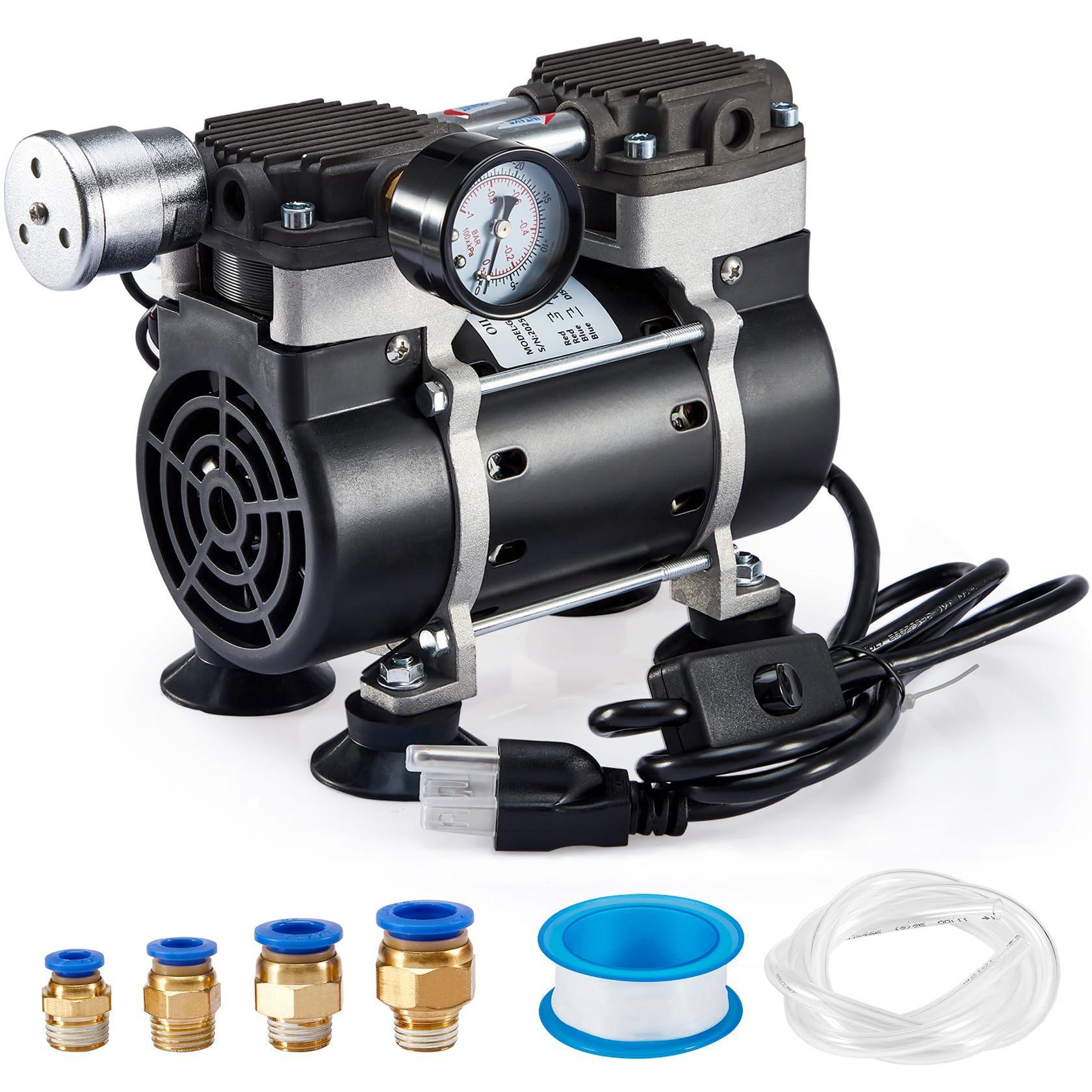 Photo 1 of ScitoLAB Vacuum Pump 50 L/Min with Switch, Oilless Lab Pump with Vacuum Meter, Aluminum Silencer and 4 Connectors, for Laboratory Electronics Industry