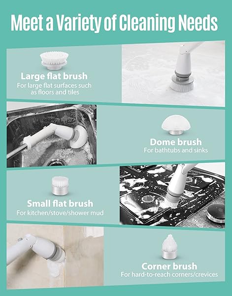 LYRIFINE ELECTRIC SPIN SCRUBBER, ELECTRIC CLEANING BRUSHES WITH EXTENDABLE HANDLE AND 4 REPLACEABLE BRUSH HEADS, ELECTRIC SCRUBBER WITH 1.5 HRS LONG WORKTIME FOR SHOWER BATHROOM TUB TILE FLOOR,WHITE
