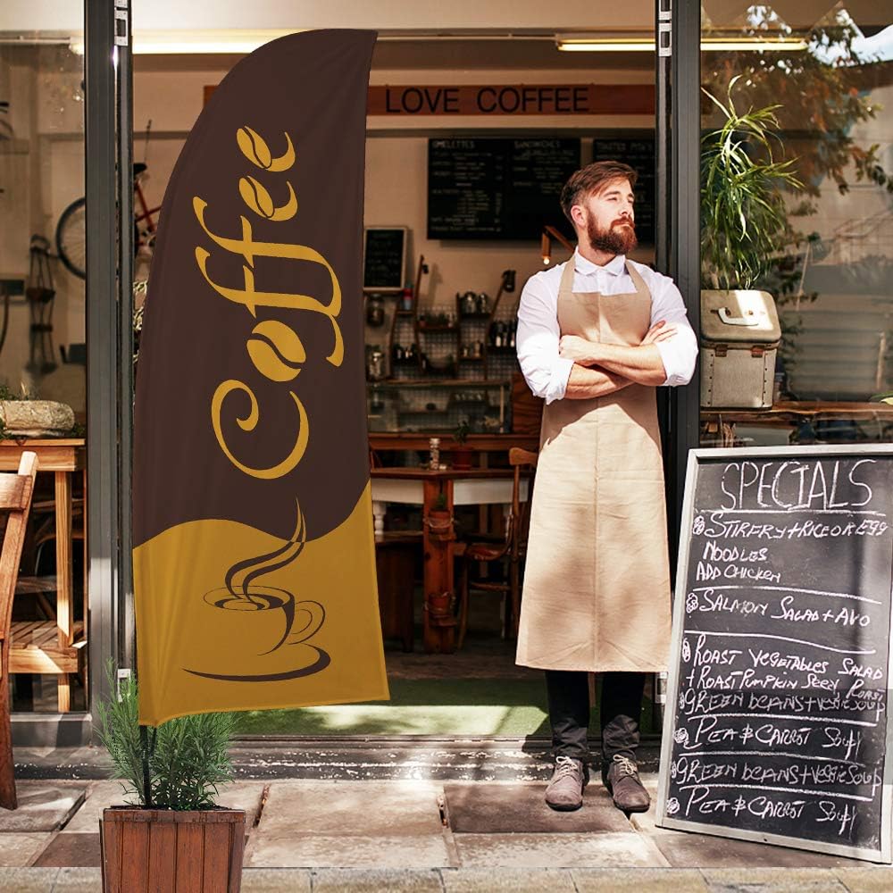 QSUM Coffee Feather Flag,8FT Coffee Advertising Swooper Flag with Pole Kit, Ground Spike, Coffee Signs for Businesses and Storefronts