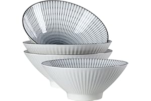 Dyware 38 oz Japanese Ramen Bowls Set of 4, Large Pho Bowls, 8 Inch Ceramic Blue and White Soup Bowls, Striped Pattern