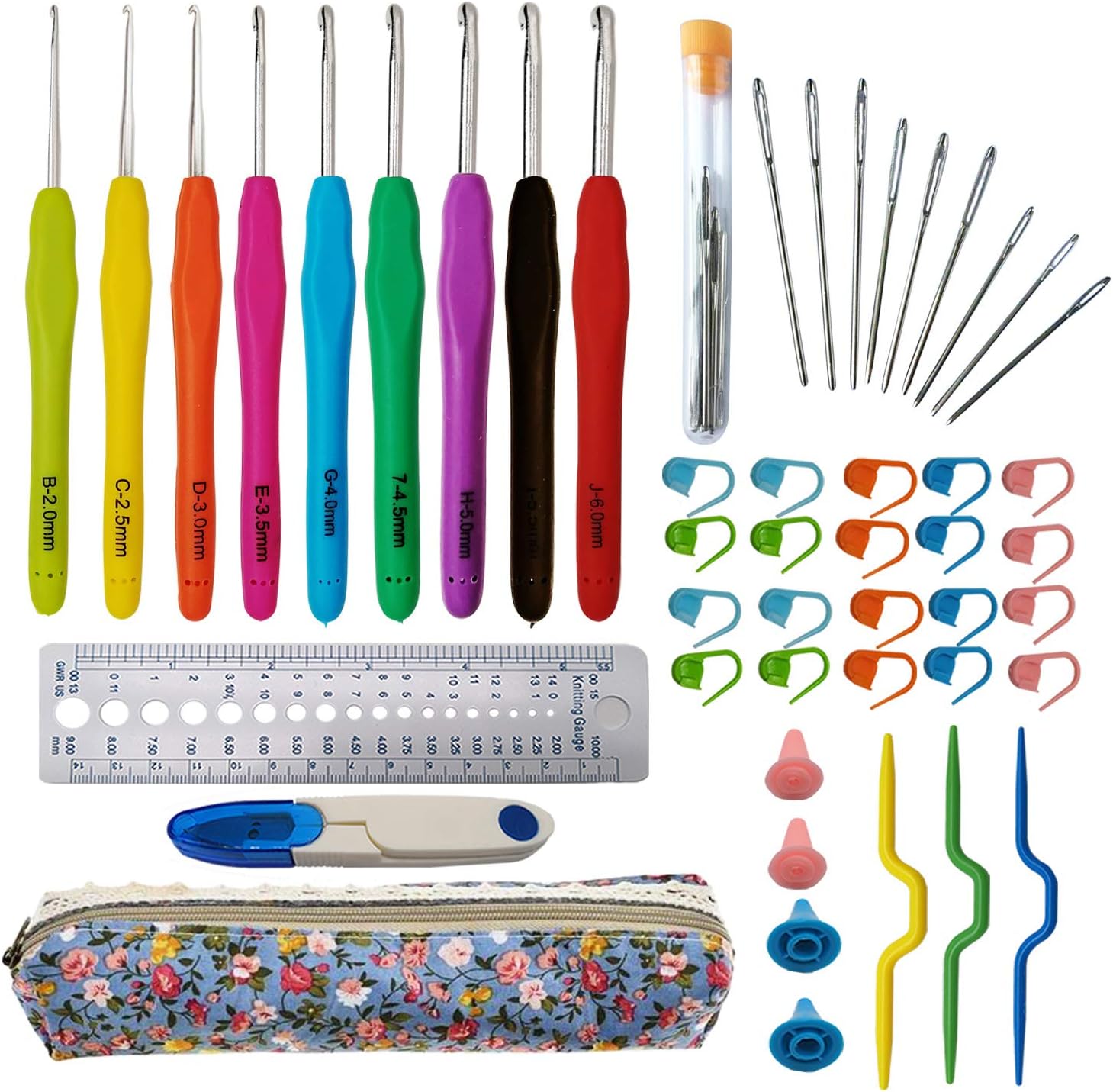 Fuman Forest 49 PCS Crochet Hooks Set Crochet Needles Ergonomic Handle Crochet Hooks Silicone Handle Stainless Steel Hook Crochet Hook Set Locking Stitch Extra Long Knit Needles