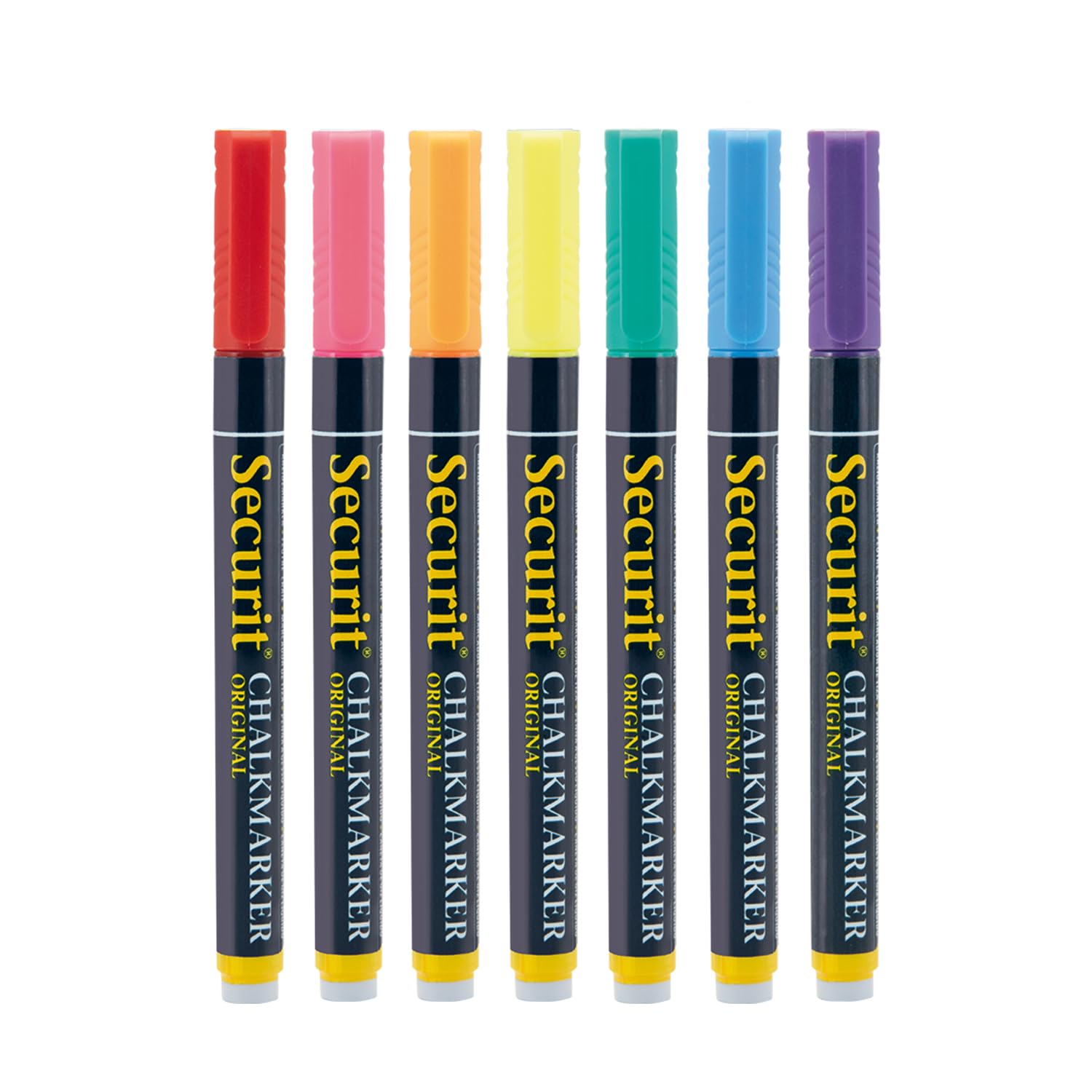 Securit Original Multi-Colour Chalk Marker Pen Blister Pack, 1-2mm Nib Pack of 7 - Colourful, Liquid Chalk Pens, Whiteboard Markers, Chalk Pens for Blackboard, Coloured Erasable Pens