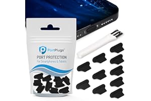 PortPlugs Anti Dust Plugs (10 Pack) - includes Charging Port Cleaning Brush - Flat Design Port Protector Cover - Compatible w/iPhone 14, 13,12,11 & Air Pods - Black