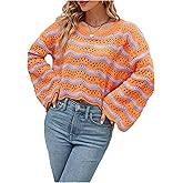 OYOANGLE Women's Plus Size Striped Hollow Out Sweater Scallop Trim Crew Neck Drop Shoulder Pullover Tops Knitwear