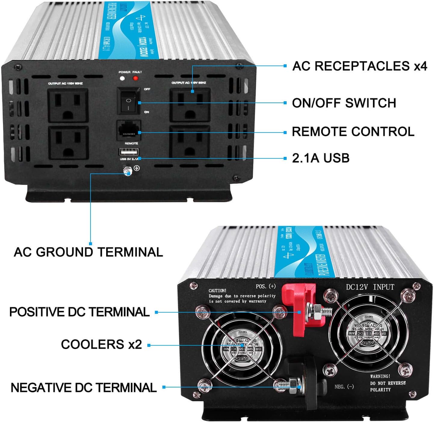 pooxtra 2000W Pure Sine Wave Power Inverter 12V to 110V 4000W Peak Power Converter with 4 AC Outlets and 2.1A USB Port & Remote Controller for RV Trucks Boats and Emergency: Car Electronics