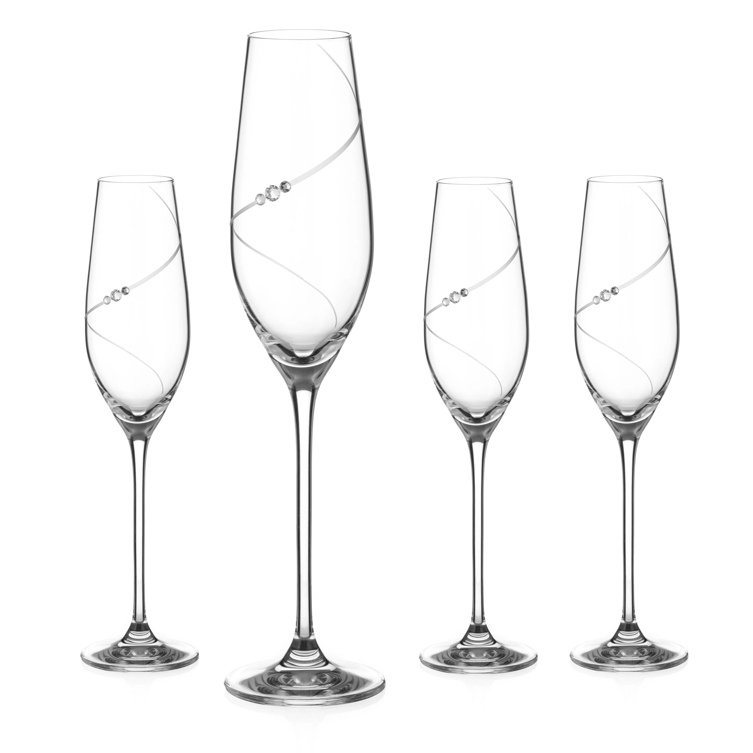 DIAMANTE Set of 4 Champagne Flutes Prosecco Glasses- ‘Silhouette’ Hand Cut Design with Swarovski Crystals