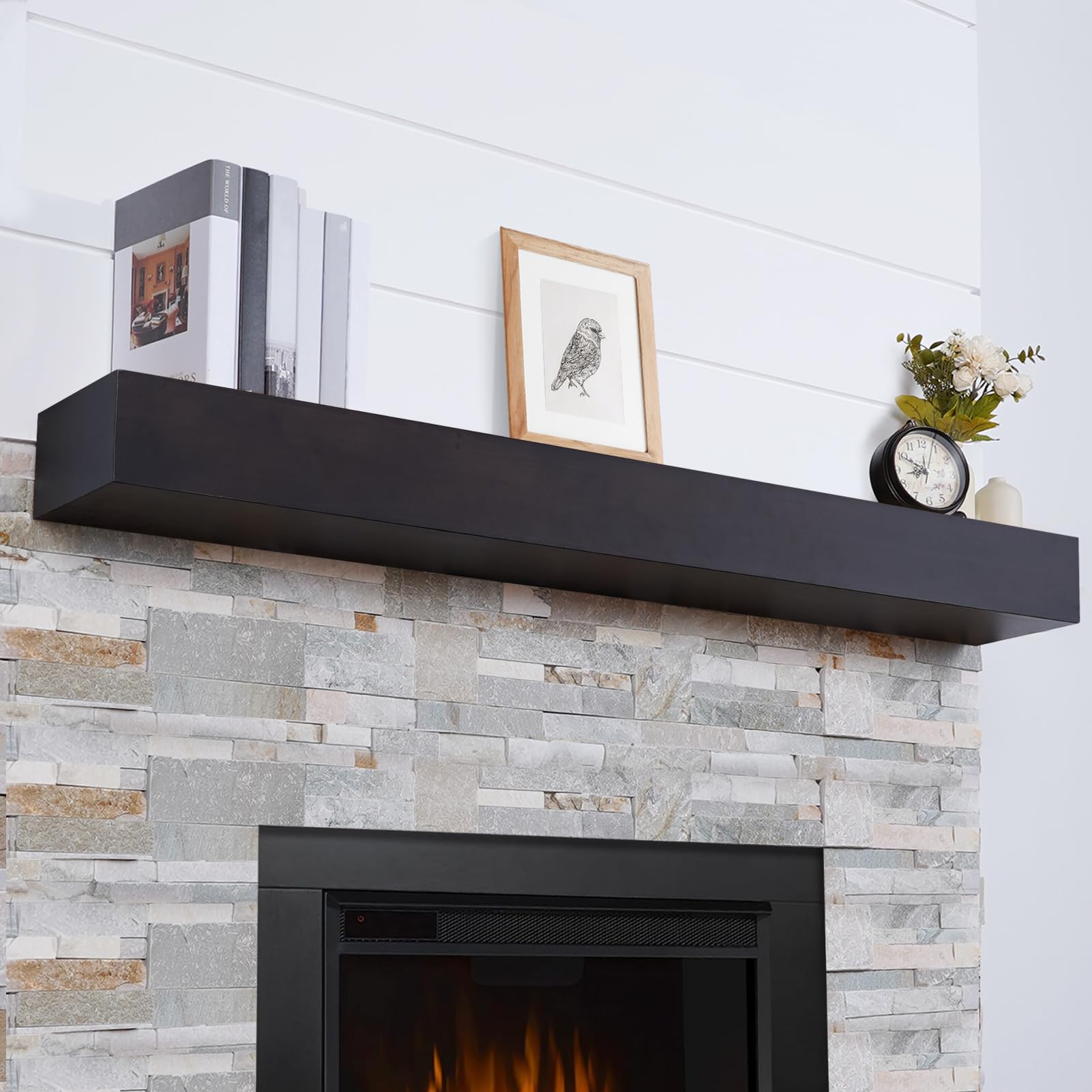 Photo 1 of TECANA Fireplace Mantel 66 Inches - Rustic Floating Mantel Shelf - Solid Wood Mantel with Invisible Support Bracket - Wall Mantel Shelf for Farmhouse (66" L x 8" D x 5" H, Dark Brown)