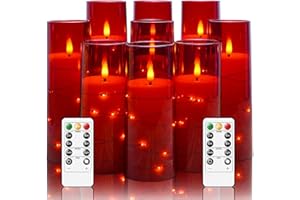 kakoya Flameless LED Candles with Timer 9 Pc Flickering Flameless Candles for Romantic Ambiance and Home Decoration Stable Acrylic Shell,with Embedded Star String，Battery Operated Candles（Red）