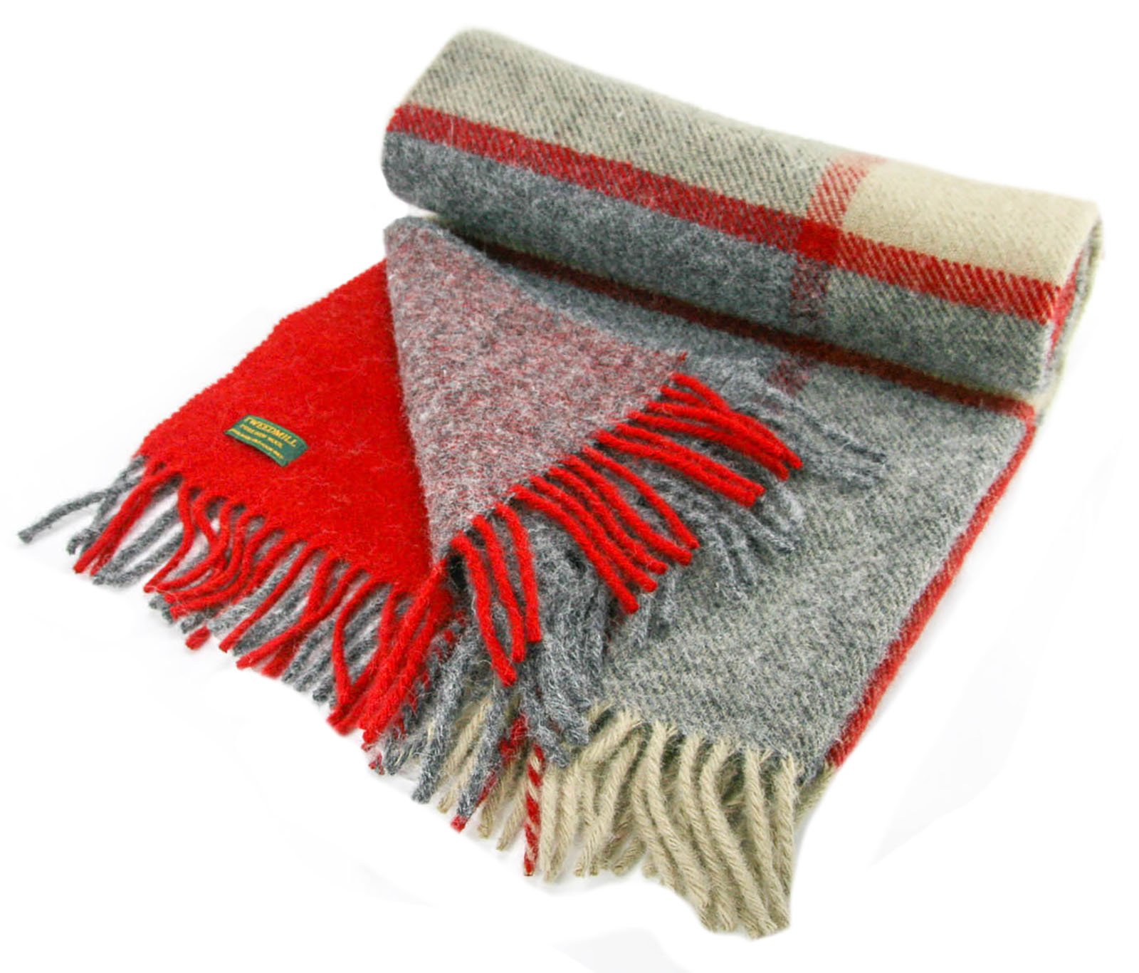 Block Check - Pure New Wool - Knee Rug Throw Blanket - Red/Slate/Beige - British Made by Tweedmill Textiles