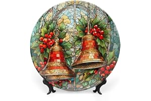 GOKAYS Christmas Decorative Plates for Home Party, Christmas Bells and Holly Flower Decor Tray for Table Display, Red & Green Stained Glass Design Ceramic Plate W/Stand, 8 Inch