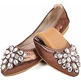 ZQKSEOHS Flats Shoes for Women Rhinestone Wedding Ballerina Shoes Foldable Sparkly Comfort Slip on Flat Dressy Flats