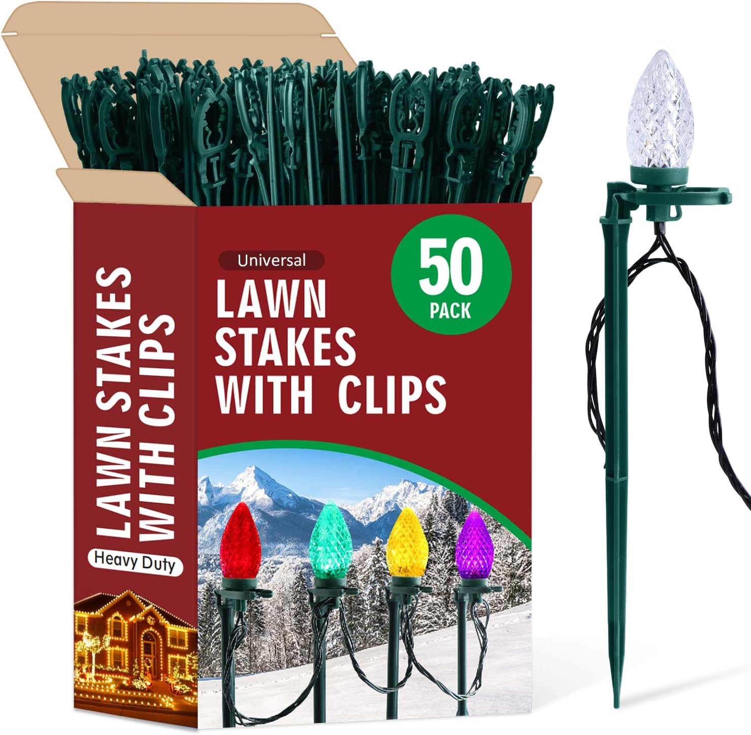 Decorative Garden Stakes - 10 inch Christmas Light Stakes for Yard , 50 Pack Universal Outdoor Light Yard Stakes for Outside Pathway ,Lawn ,Driveways Ground Stakes for Christmas Lights Decorations
