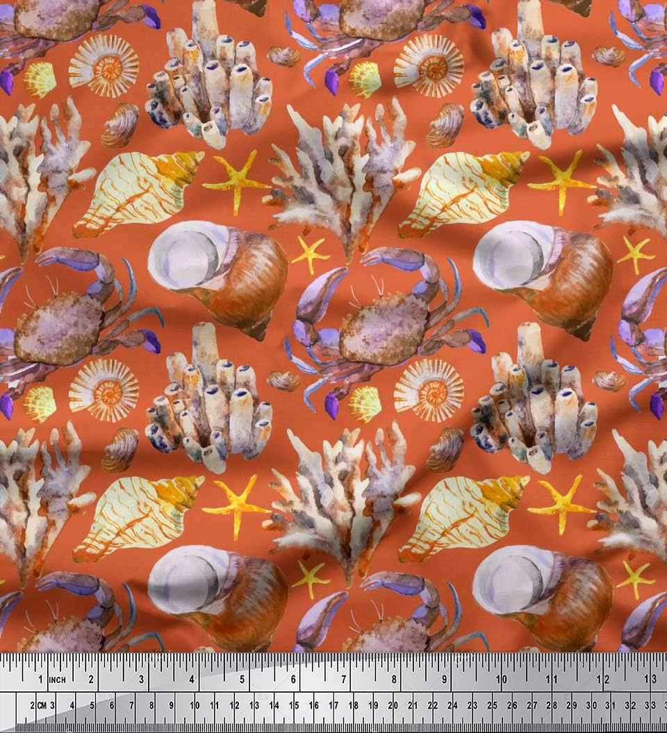 Soimoi Orange Poly Krepp Stoff Krabben, Muscheln und Korallen Ozean