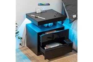 HOMMPA LED Nightstand with Wireless Charging Station & USB Ports High Gloss Bedside Table with LED Light RGB Adjustable Brightness Smart Nightstand 2 Drawers Night Stand for Bedroom Black