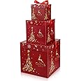 3 Pcs Christmas Nesting Gift Boxes with Lid Nesting Boxes Xmas Boxes for Gifts Red Christmas Tree Gift Wrap Boxes for Christmas Thanksgiving New Year Wrapping Presents and Decorations (Gold Trees)