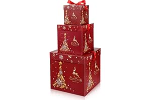 TaoBary 3 Pcs Christmas Nesting Gift Boxes with Lid Nesting Xmas Boxes for Gifts Red Christmas Tree Gift Wrap for Thanksgiving New Year Wrapping Presents and Decorations(Gold Trees)