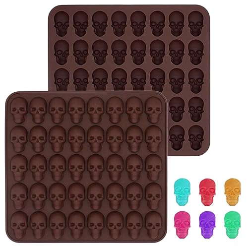CHEERYMAGIC Halloween Themed Mould, Food Grade Skull Silicone Mould Candy Machine Homemade Chocolate Jelly Cookie Reusable Baking Mold 40 Small Skulls DIY Molds A6-MNKLMJ(Brown)