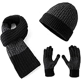 Lallier Winter 3Pcs Men's Wool Hat Scarf Touchscreen Gloves Set, Warm Beanie Skull Cap Scarf Thermal Glove Set for Men