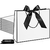 Silkfly Thank You Gift Bags with Handle 12x10x4'' Welcome Return Gifts Bag with Bow Ribbon for Wedding Bridesmaid Baby Shower Birthday Housewarming Employee Appreciation Day(White, Black,12 Pcs)