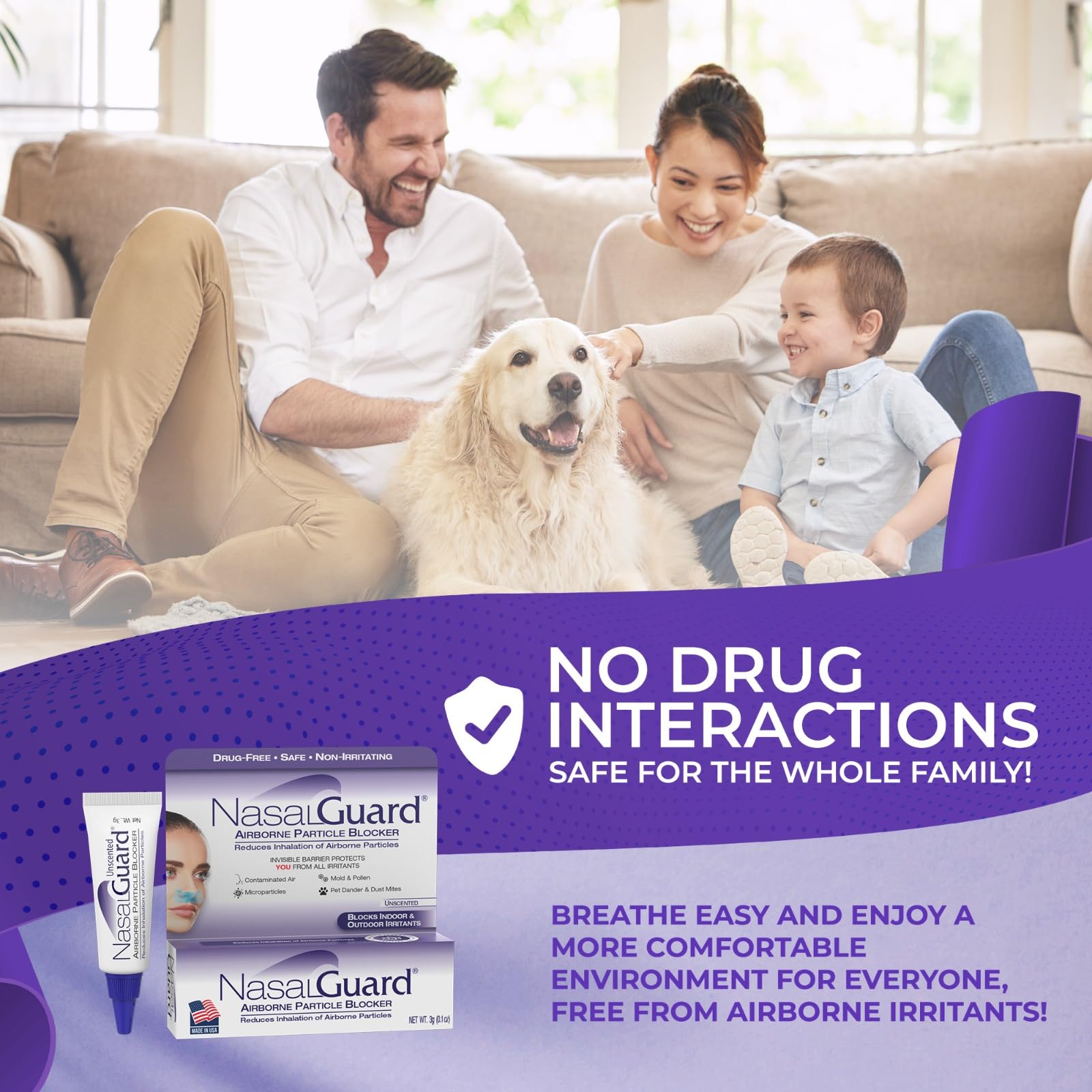 NasalGuard Airborne Particle Blocker Gel - Helps Reduce Inhalation of Allergens, Pollutants & Irritants - Drug-Free, Daily Use, Made in USA (Unscented, 3 Gram Tube), Over 150 Applications