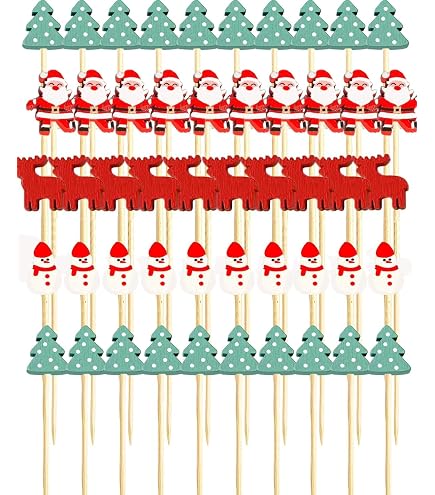 200 Brochettes Cocktail En Bambou De Noël - 12 Cm - 5 Motifs (sapin, Père Noël, Renne, Bonhomme De Neige, Chaussette) - Pour Apéritifs, Finger Food, Décorations - 3