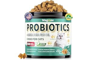 WAGMEE Cat Probiotics Tasty Chews –500 Chews Crunchy & Creamy Texture, Fish Oil Omega-3 Skin & Coat Health Digestive & Gut Support, Constipation Relief, Healthy Stool, Chicken Krill Flavor