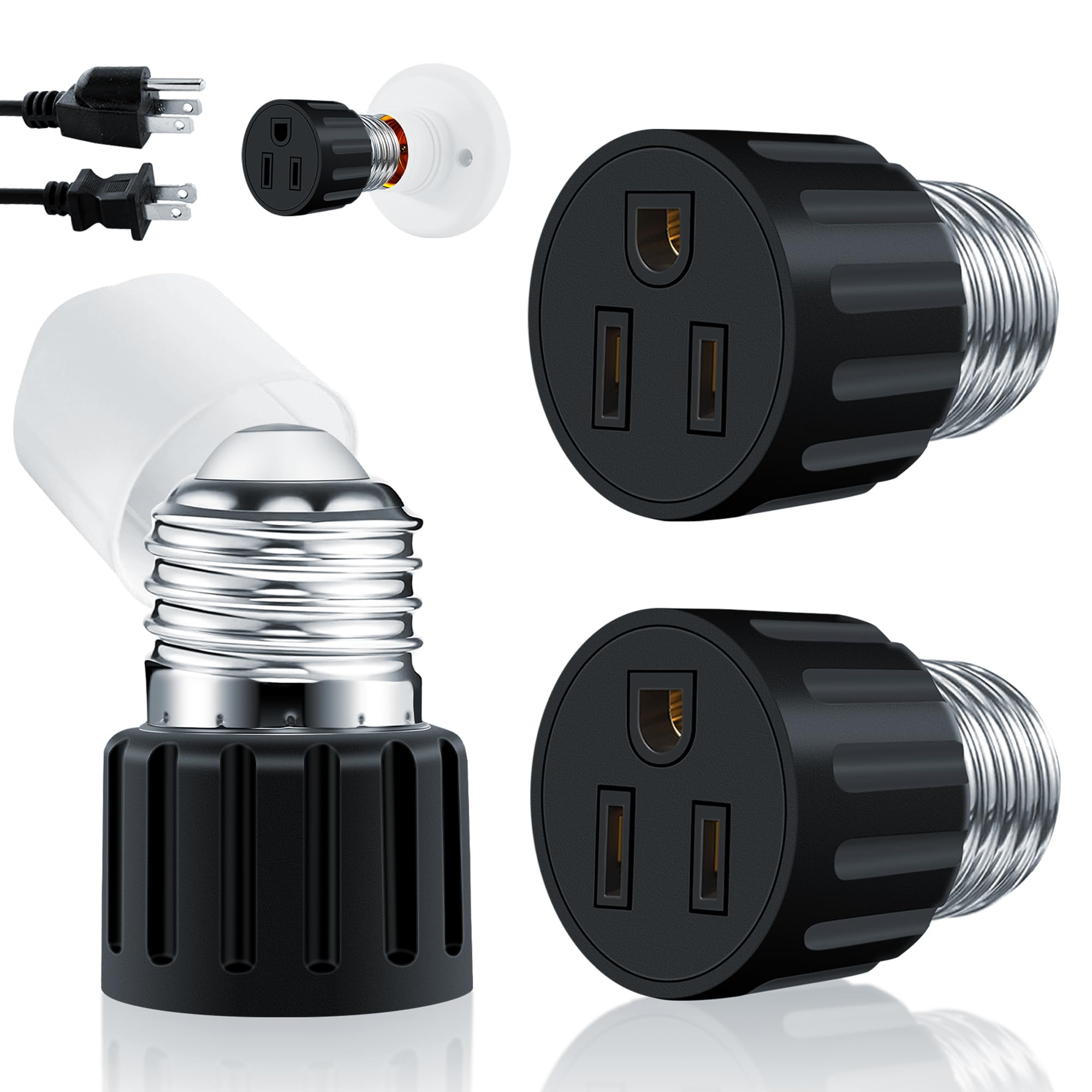 Photo 1 of 3 Prong Light Socket Outlet Adapter (2 Packs), Professional Materials & Stable Performance E26 E27 Light Socket to Plug Adapter, Polarized Light Bulb Plug Adapter, Convert for Garage Camera Porch