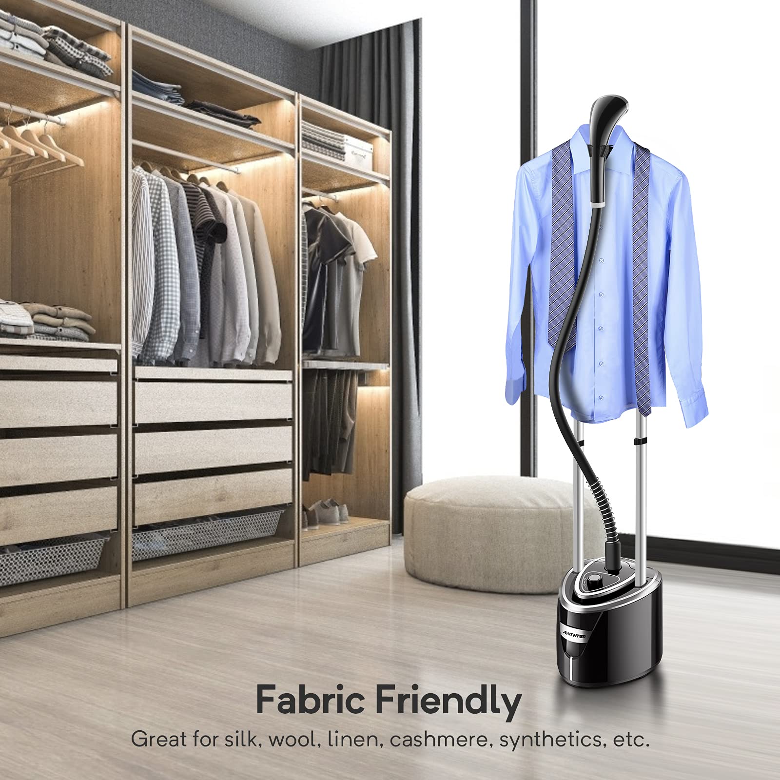 Professional Steamer for Clothes, Anthter 1500W Powerful Full Size Garment Steamers, 35s Fast Heat-up, 90 Mins of Continuous Steam Wrinkle Remover with 2.5L Water Tank, Perfect for Household