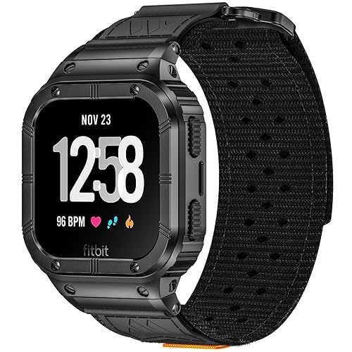 AmBand Compatible For Fitbit Versa 4/3/2/ Fitbit Versa Lite/Fitbit Sense 2/ Fitbit Sense Bands With Case, Protective Smartwatch Case Strap Rugged Sport Protector Wristbands Men Black
