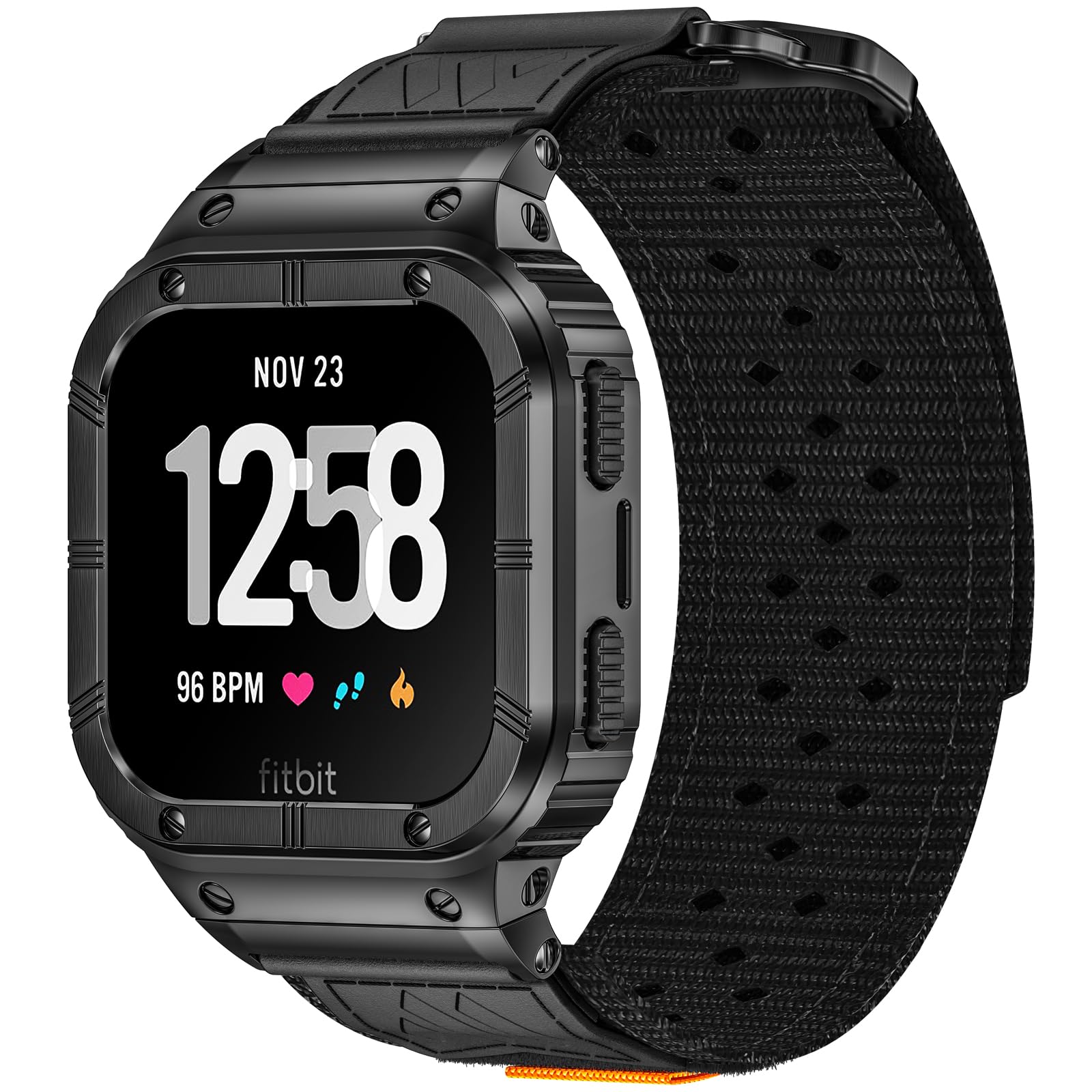 Photo 1 of MioHHR Band Compatible with Fitbit Versa 4 3 2 1 /Fitbit Versa Lite/Fitbit Sense/Sense 2 Bands with Stainless Steel Case, Breathable Nylon Sport Adjustable Strap Replacement Rugged Wristband for Men