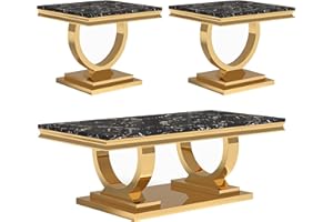 Modehodei Marble Coffee Table Set of 3, Includes 1 Coffee Table with 2 Square End Side Tables, Luxury 3 Piece Living Room Table Set with Black Faux Marble Tabletop & Gold Stainless Steel Base