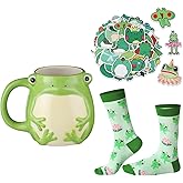 Yaomiao Frog Gifts Set for Women, 450ml/15oz Frog Coffee Mug with Handle, Novelty Socks Stickers for Women Birthday Holidays Party Favors