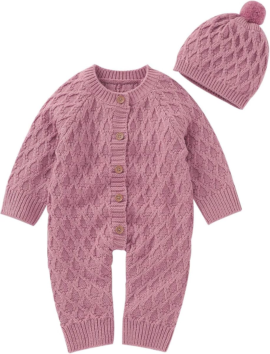 Hadetoto Newborn Baby Romper Knitted Sweater Long Sleeve Jumpsuit Outfits with Warm Hat: Clothing
