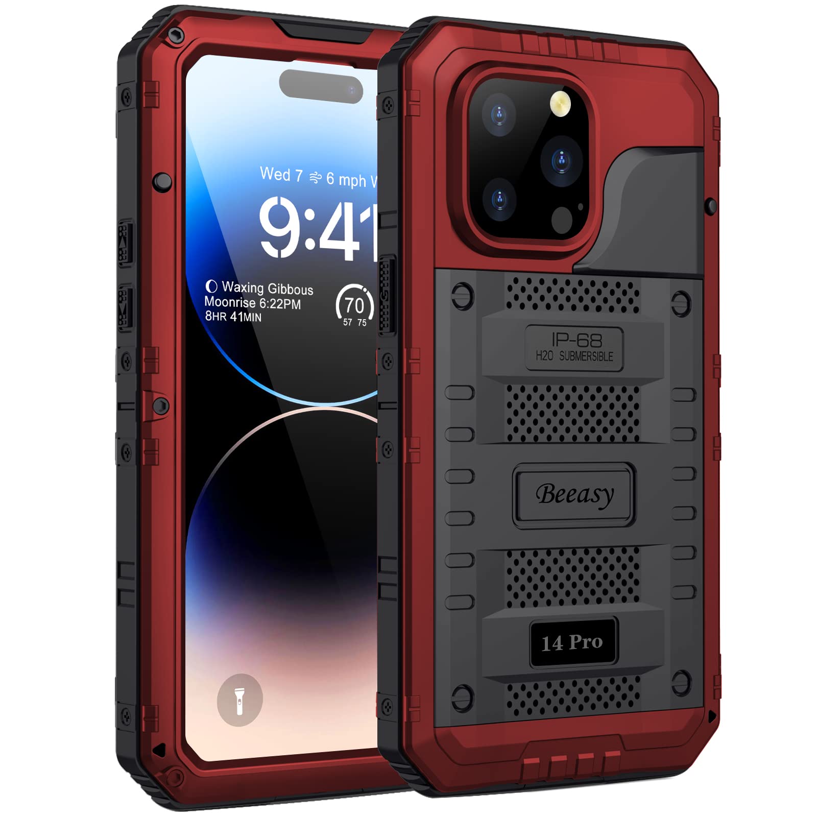 Beeasy for iPhone 14 Pro Case Waterproof Heavy Duty Shockproof Tough Metal Armour Cover Dustproof Built-in Screen Protector, 360 Full Body Military Protective Rugged Case for iPhone 14 Pro Red