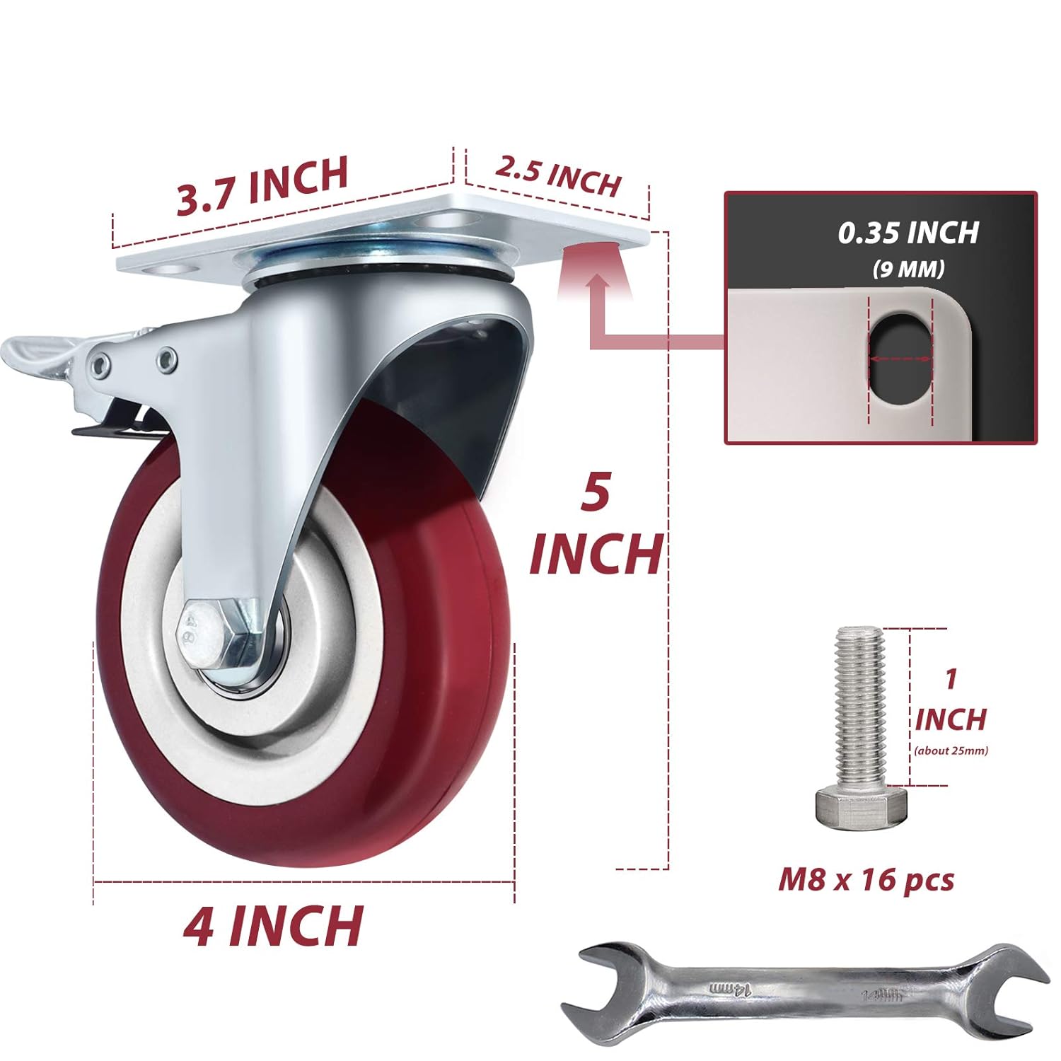 4 inch Plate Caster Wheels with Dual Lockable Set of 4, Load 2000 Pounds Heavy Duty Swivel Double Bearing Caster, Made in Premium Polyurethane, No Noise Fit Multiple Terrain (Free Screws and Spanner): Industrial & Scientific